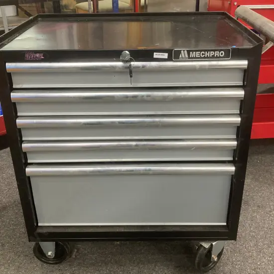 MechPro 5 Drawer Roller Cabinet, Black Steel, Ball Bearing Sliders, Lockable With Keys, H79 W68.5 D47cm