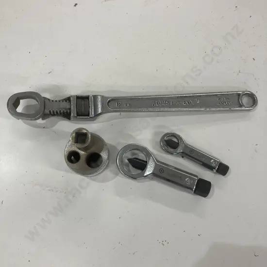 Vintage Adjust-A-Box Adjustable 12" Box Wrench - Made in USA With A Stud Extractor Socket & 2 AmPro Nut Splitters