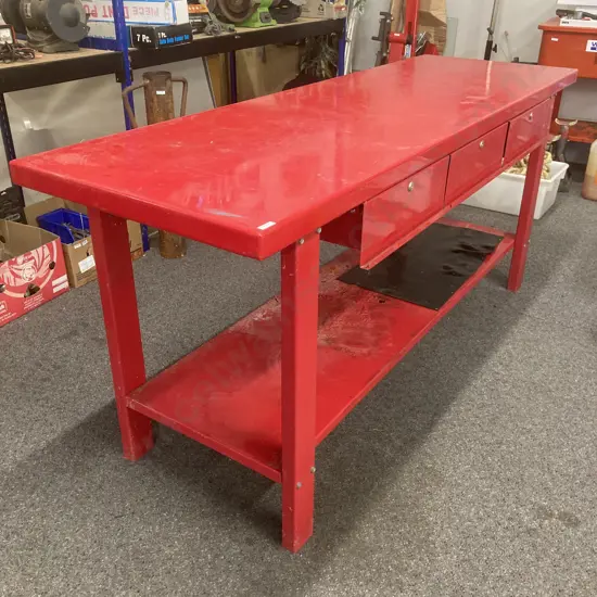 Red Steel Three Drawer Heavy Duty Workbench, Single Shelf (Lockable But No Keys) H87 W200 D64cm