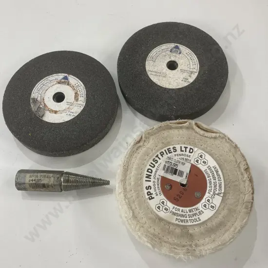 Tapered Buffing Spindle Left Hand, L11cm, 150x3 Cloth Mop & 2 Grinding Wheels