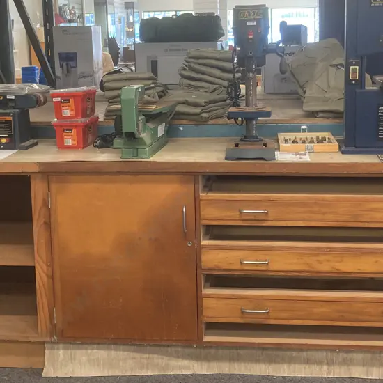 GMC 1/3Hp 5Spd 13mm Laser Line Drill Press (No Chuck Key) & Wooden Workbench, H90.5 W222 D60.5, 3 Drawers 1 Door