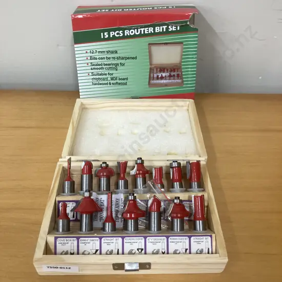 15 Pce. Router Bit Set In Wooden Case (Damage to Case)