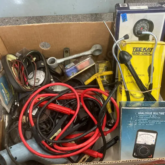 Box Lot Tee-Kay Head Check, Amp Meter, Jumper Leads, Multi Meter Etc