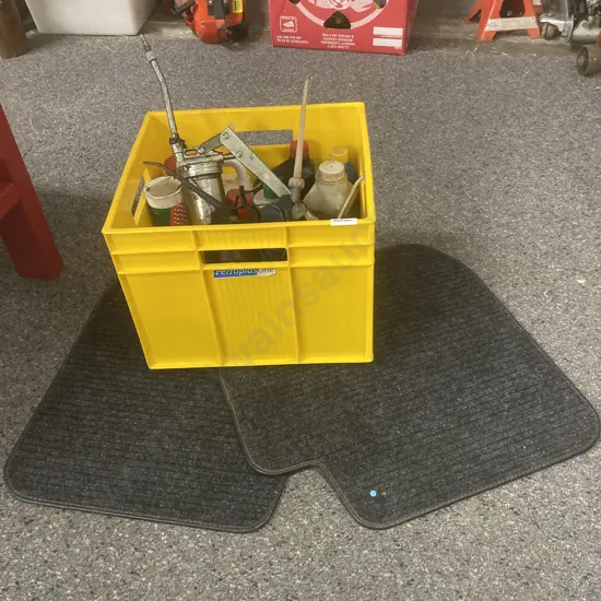 Yellow Bin, Grease Gun, Oil Cans, Oils, Bars Bugs, 30 Seconds Etc With a Pair of Car Mats