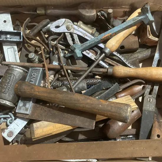 Box Lot Vintage Tools, Thor CopperHammer, Rabone Boxwood Ruler, Spoke Shave Etc