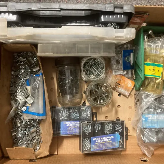 Box Lot Nuts, Bolts, Washers, Clips, Screws Etc