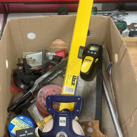 Box Lot Tools, Stud Finders, 30M Tape, Levels, Saw, Brick Layers Line Etc