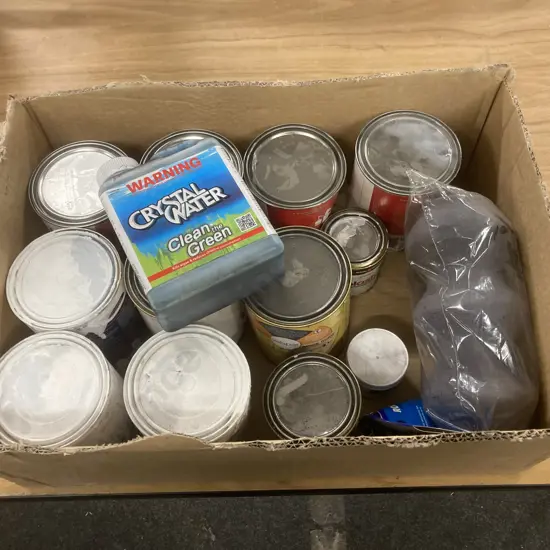 Box lot Assorted Paints, DeBeer Refinish, Valspar Interior, Bottle Of Crystal Clear Etc