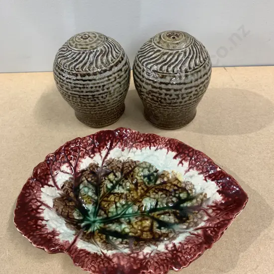 Large Vintage Pottery Salt And Pepper Shakers With Vintage Leaf Dish 
