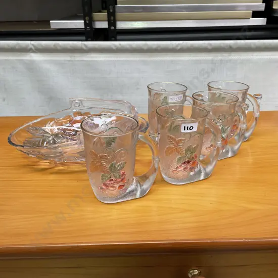 Set of 5 Vintage Moulded Glass Mugs with coloured and moulded grape/leaf design with handled basket