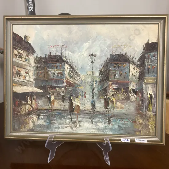 Framed Artwork Oil By V.Mition?, Street Scene H37cm,W47cm.