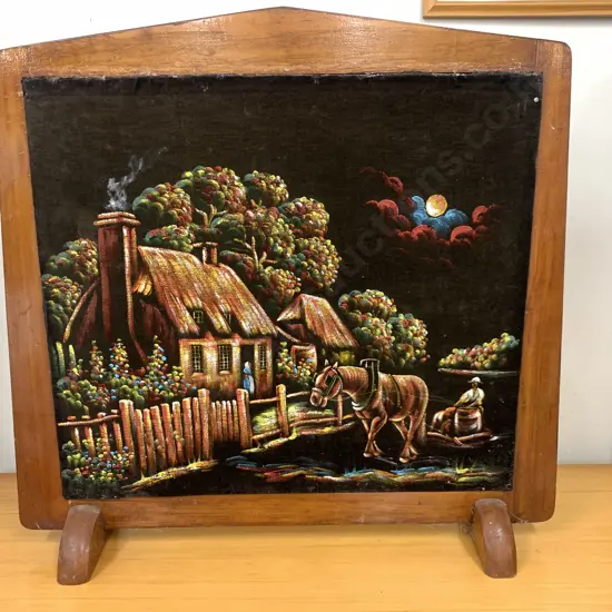 Art Deco Fire Screen 'Horse & Cart' Scene Paint On Fabric W79cm,H75cm.