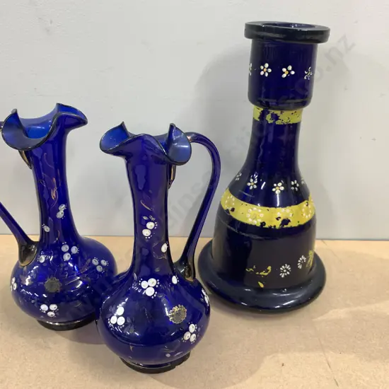 Pair Of Blue Glass Vases (af to handle) & Tall Blue/Yellow Glass Vase