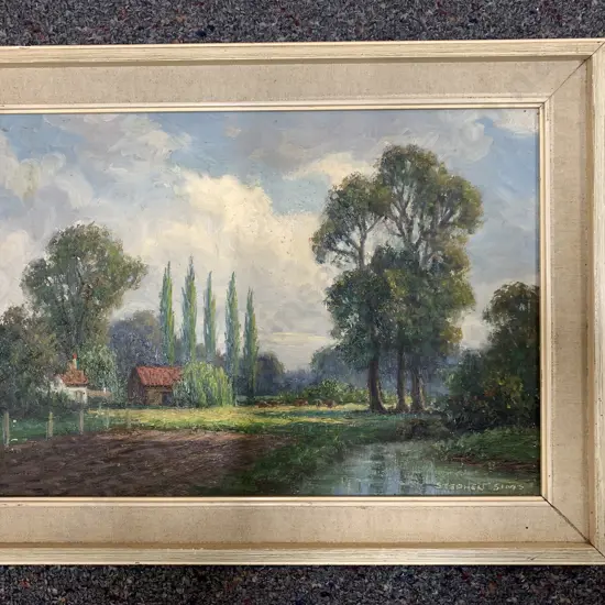 Framed Artwork Oil Farm Scene By Stephen Sims H32cm,W42.5cm.