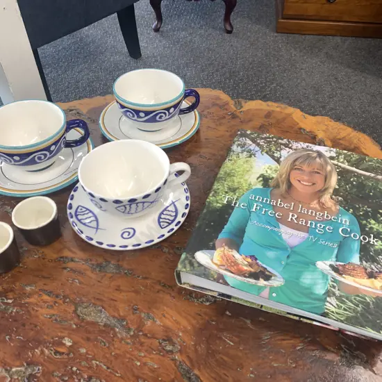 Annabel Langbein 'The Free Range Cook' Book With Crown Lynn Egg Cups, Living Art Cups & Saucers Etc