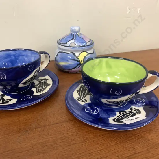 Assortment of NZ Pottery, Cup & Saucer x 2, Sugar Bowl, Signed