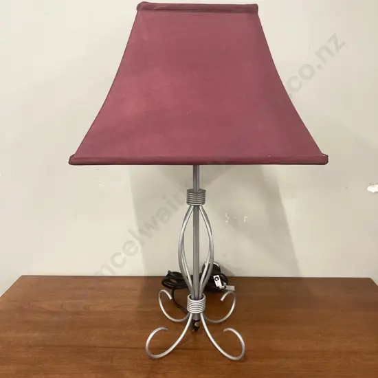 Freedom Furniture Alexandra Table Lamp, Pewter Colour Curved Steel, Sloped Square Burgundy & White Fabric Shade, H47cm