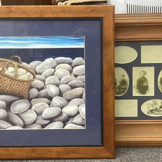 Framed Print of Cockles In Flax Bag On Stone Beach, 47 x 57cm & Wooden KiwMade Collage Photo Frame