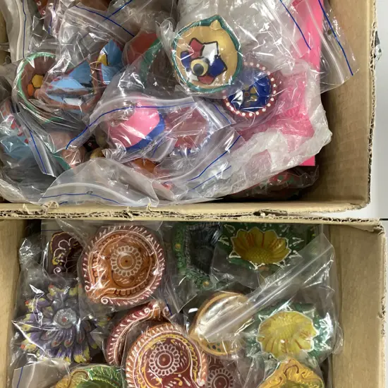 Two Box's Of Assorted Painted Terrocotta Dishes 