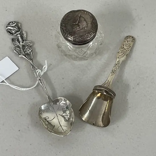 Hallmarked Silver Items. Sterling topped pot with cherub design. 800 Rose Spoon and Miniature Sugar Scoop Spoon.