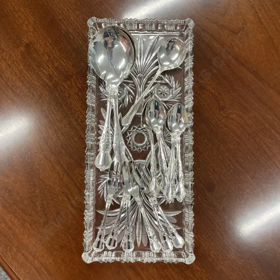 Vintage Rectangular Cut Glass tray with Assorted Rodd Cutlery