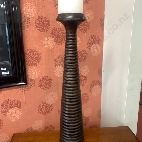 Wooden Ribbed Candle Holder & Candle, H70cm