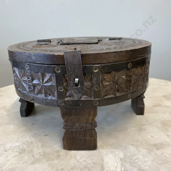 Round Carved Wooden Storage Box With Metal Detail, 14 x 25cm