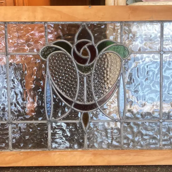 Vintage Leadlight Glass Panel In Rectangular Wooden Frame, 45 x 93cm