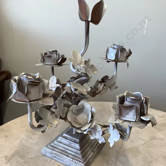 Metal Ornate Roses 4 Candle Candleabra On Square Base