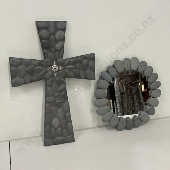 Jennifer Broad Decorative Wall Hung Cross with River Stone Framed Mirror