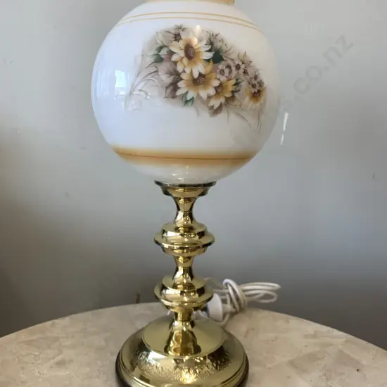 Vintage Brass Based Table Lamp With Floral Frosted Glass Shade, H45cm