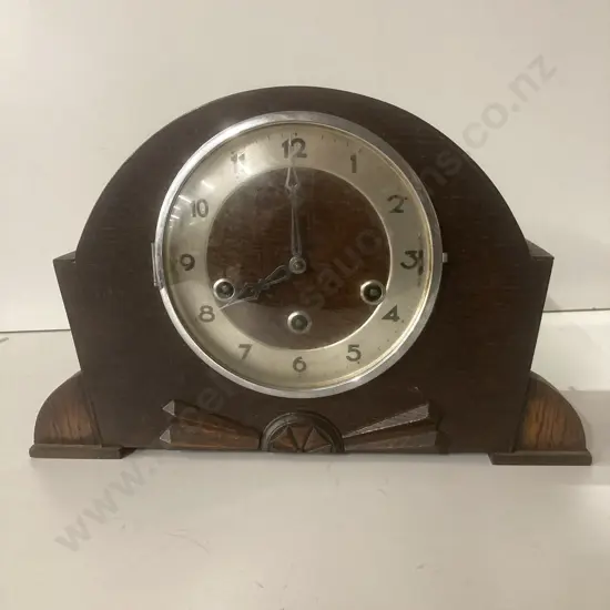 Vintage Art Deco Foreign Wooden Cased Chiming Mantle Clock With Key (Patent 421434)