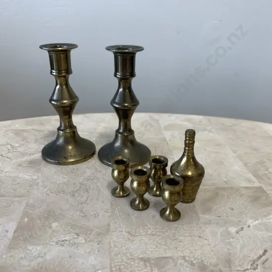 Pair of Vintage Brass Candlesticks & Miniature Decanter & Goblet Set