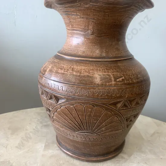 Vintage Pottery Vase, Bulbous Fluted Top With Carved Detail, H28cm