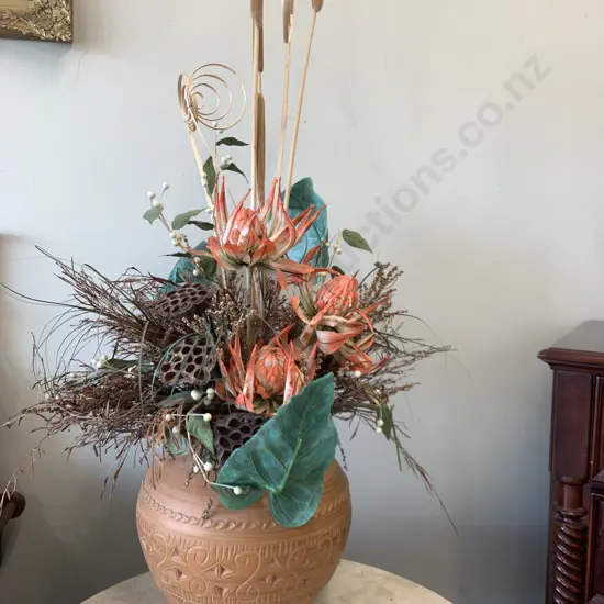 Faux Flowers In Terracotta Coloured Vase With Carved Detail, H110cm