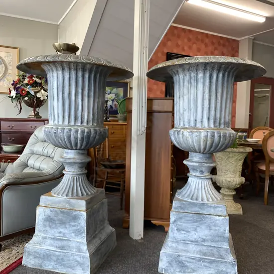 Pair of Cast Iron Classical Style Garden Urns On Plinths, Lead Finish, 100 x 82cm on 40 x 50 x 50cm Plinth, 173Kgs