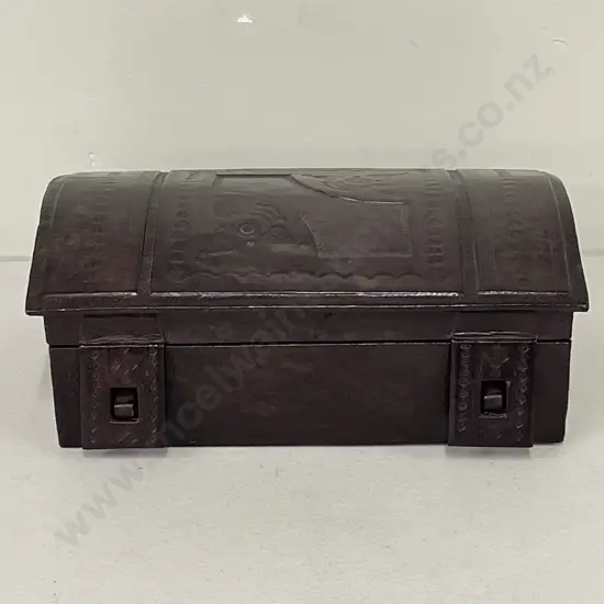 Hand Tooled Leather Chest Box. H12 W30 D19cm