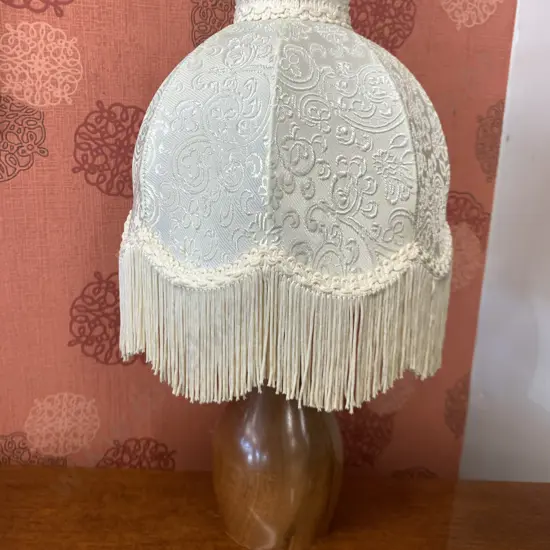 Vintage Wooden Based Table Lamp With Cream Fringed Shade
