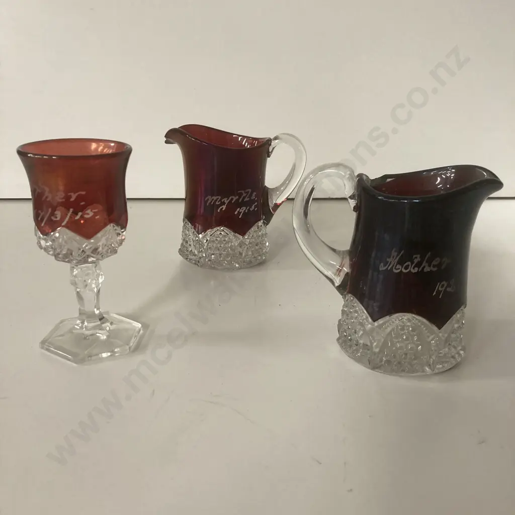 Antique Ruby Red Flash Glass Souvenirs Mother 17/3/15, Myrtle 1915, Mother 1921 (Chipped) Image 1++