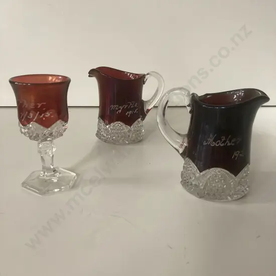 Antique Ruby Red Flash Glass Souvenirs Mother 17/3/15, Myrtle 1915, Mother 1921 (Chipped)