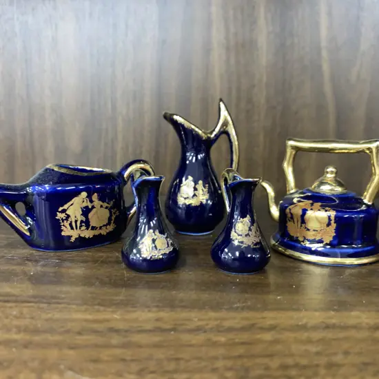 Vintage Limoges Blue & Gold Items, Jugs, Watering Can & Teapot