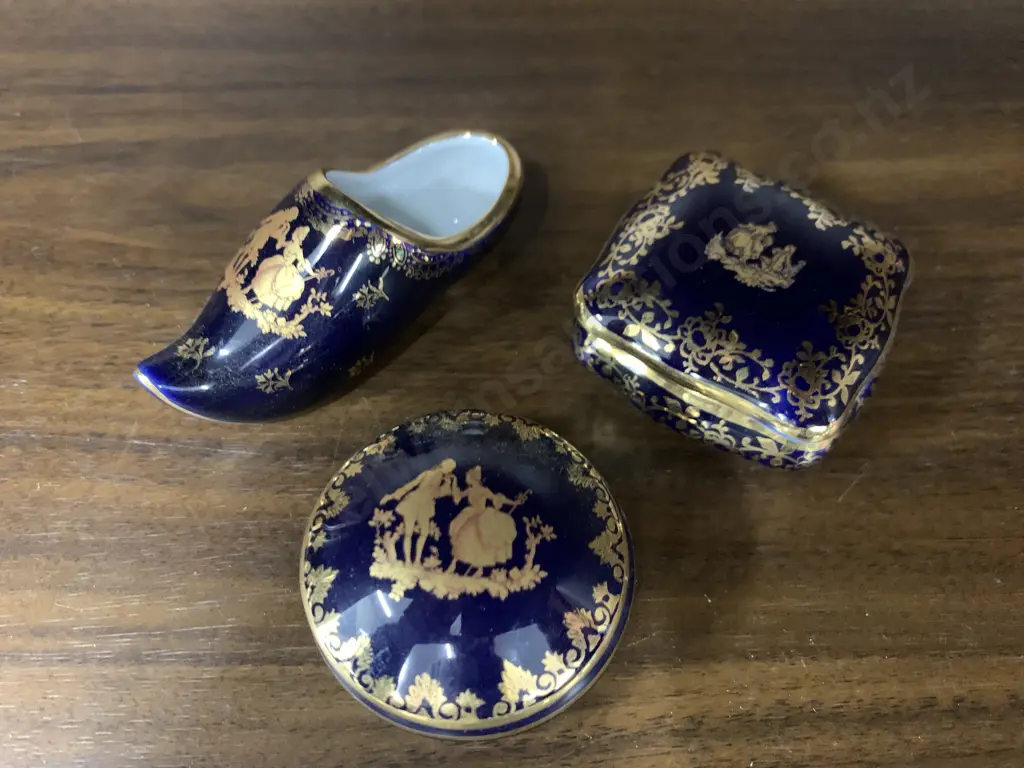 Assortment of Vintage Blue & Gold Limoge Items Lovers In Centre Lidded Dishes & Shoe Image 1++