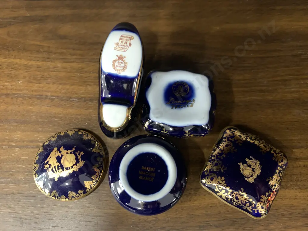 Assortment of Vintage Blue & Gold Limoge Items Lovers In Centre Lidded Dishes & Shoe Image 1++