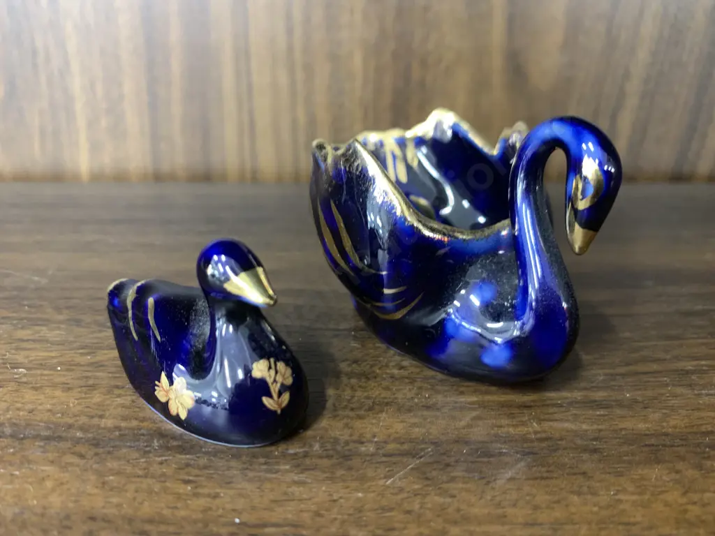 Assortment of Vintage Blue & Gold Limoge Items Swan Planter & Duck Image 1++
