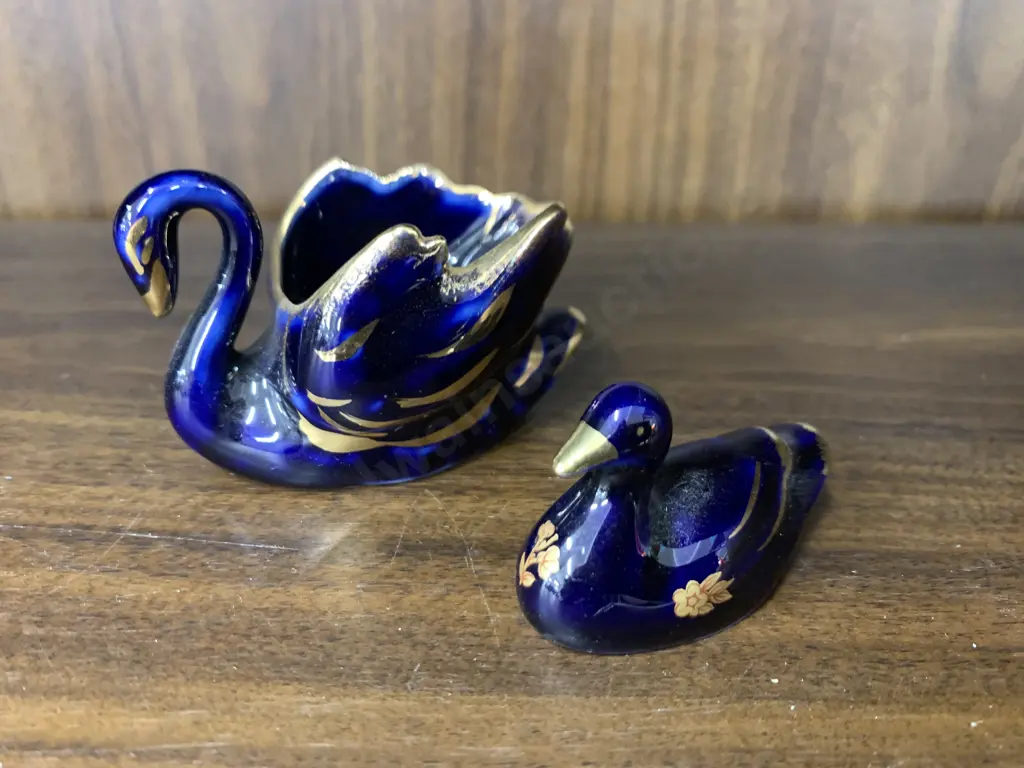 Assortment of Vintage Blue & Gold Limoge Items Swan Planter & Duck Image 1++
