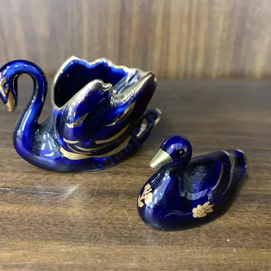 Assortment of Vintage Blue & Gold Limoge Items Swan Planter & Duck