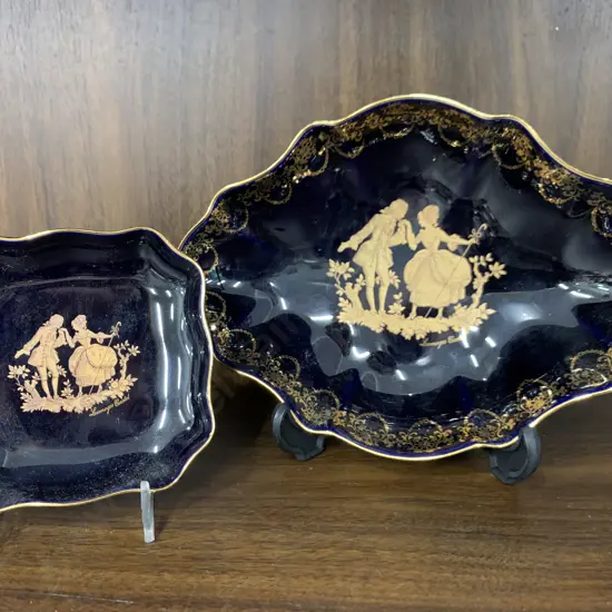 Vintage Limoges Castel Cobalt Blue & 22K Gold Lovers In Centre Oval Dish 18 x 13cm & Square Scalloped Dish, 9 x 9cm