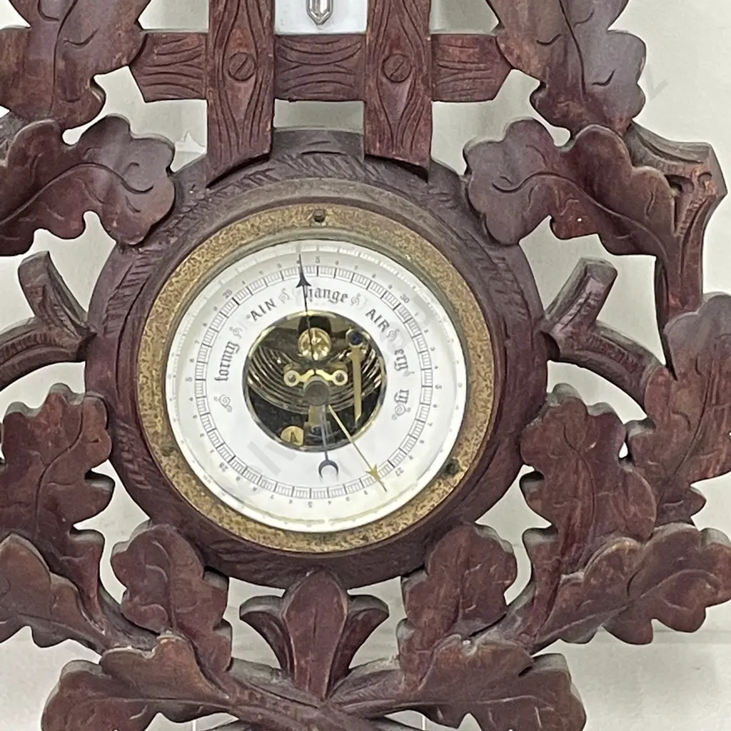 Antique Barometer. Carved Wooden Oak Leaf Frame. H49cm W26cm Image 1++