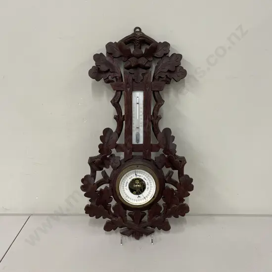 Antique Barometer. Carved Wooden Oak Leaf Frame. H49cm W26cm