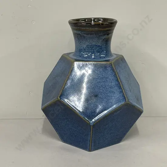Stunning Large Art Pottery 10 Sided Vase. Mottled blue glazed colourway. H30cm Dia25cm